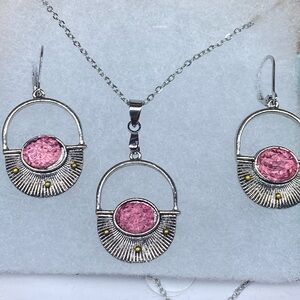 Pink Druzy and Silver Necklace Set